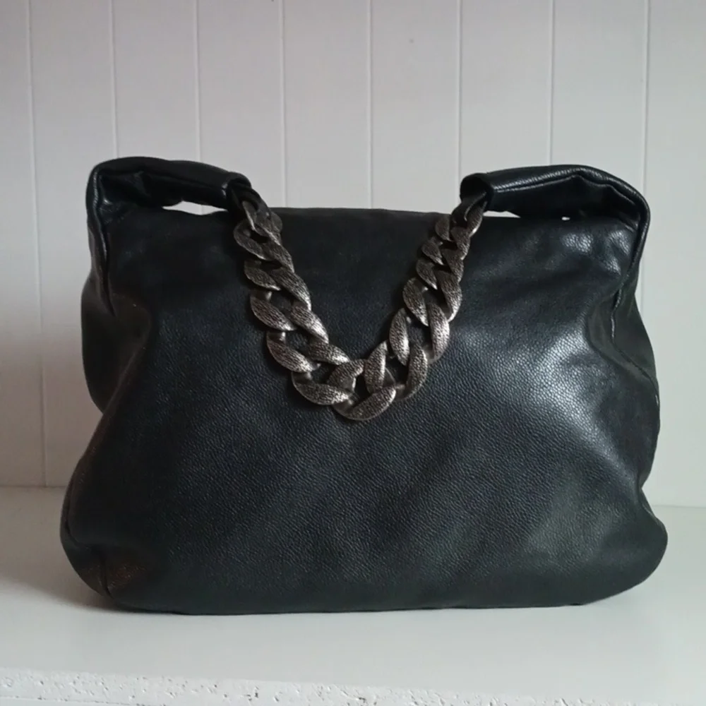 Chanel Black Caviar Leather Hobo W Chain Strap Bag.